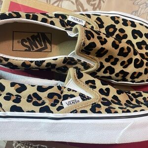 Vans Tan and Black Animal Print Slip-On Sneakers